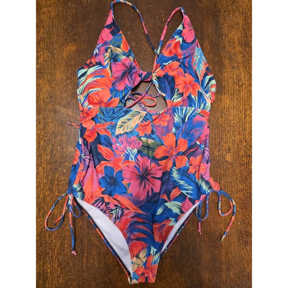 Tropical Keyhole Strappy Swimsuit Womens Size 6 Pink Red Cute Vacation Cheeky